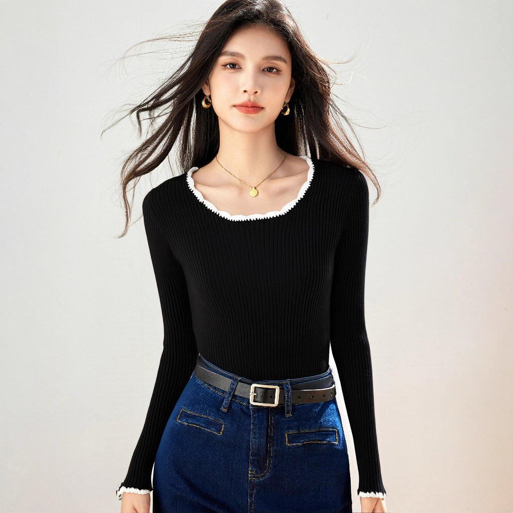 Chic Vintage Crew Neck Knit Sweater for Women, Autumn/Winter Innerwear, Slim Fit, Soft and Cozy Top