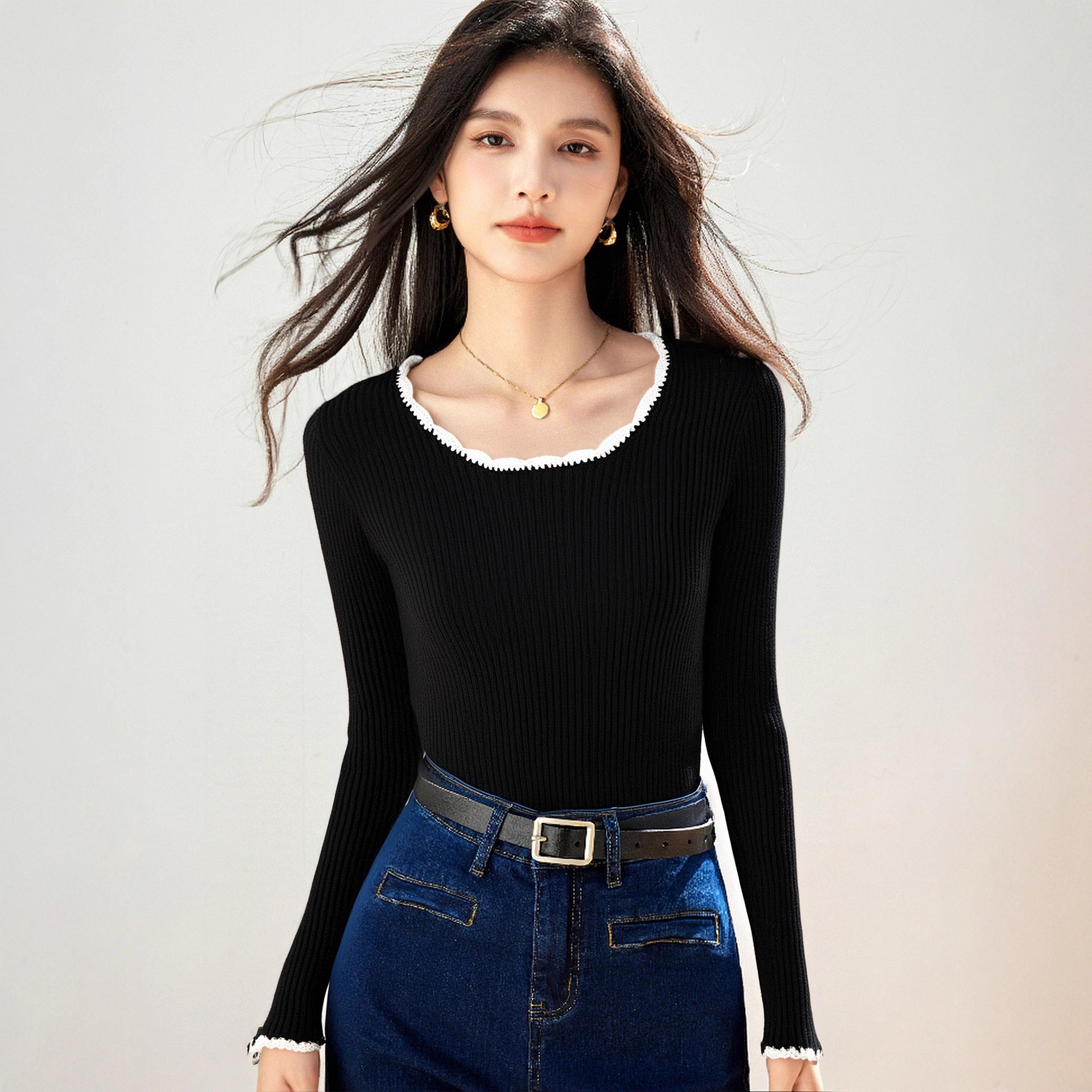 Chic Vintage Crew Neck Knit Sweater for Women, Autumn/Winter Innerwear, Slim Fit, Soft and Cozy Top
