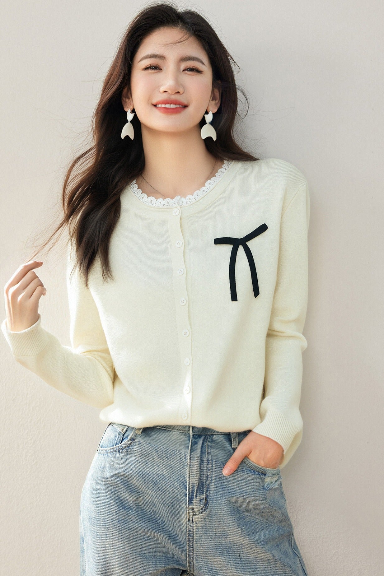 Cute Bow Tie Belted Knit Sweater for Women, Autumn/Winter Fashion Loose Cardigan with Sweet Design