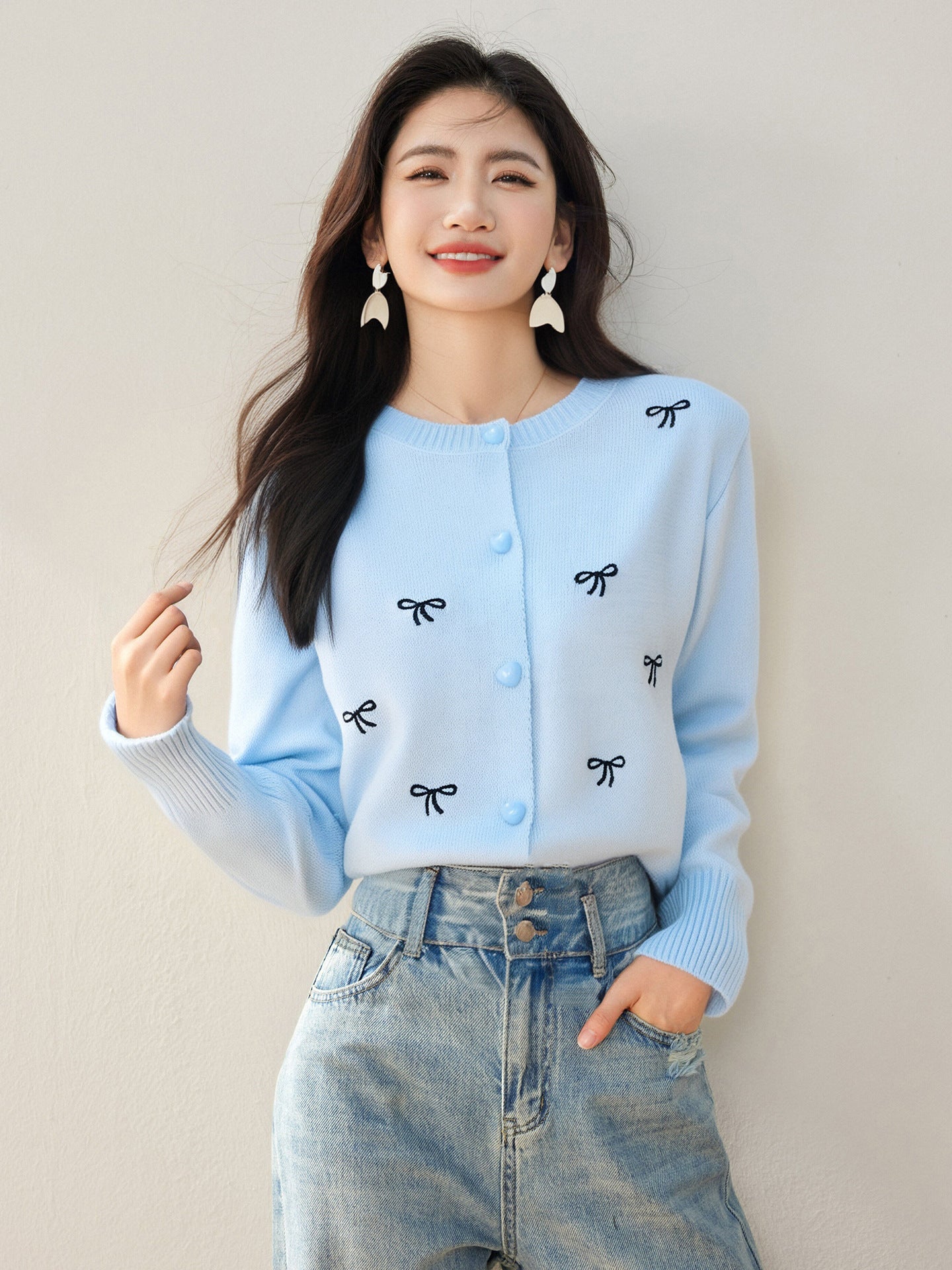 Soft Knit Cardigan with Bow EmbroideryCasual Women's Sweater Coat for Autumn