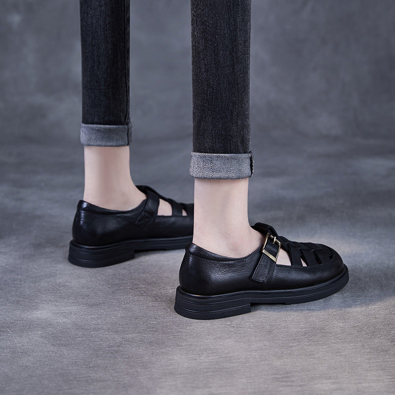 Genuine Leather Pitcher Plant Shoes Women's Round Head Hollow Flat
