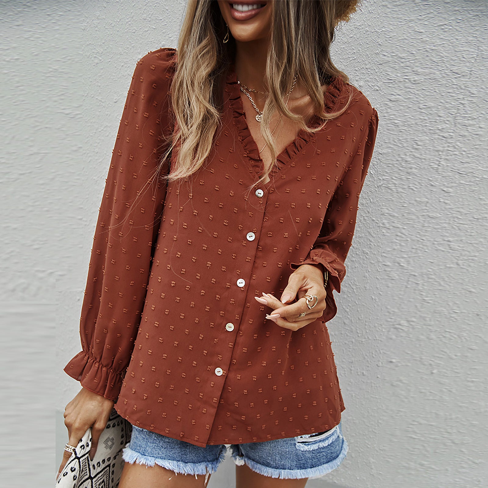 Women's Fashion Solid Color And V-neck Loose Jacquard Long Sleeve Casual Shirt Top