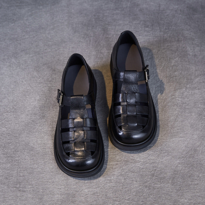 Genuine Leather Pitcher Plant Shoes Women's Round Head Hollow Flat