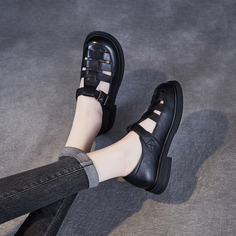 Genuine Leather Pitcher Plant Shoes Women's Round Head Hollow Flat