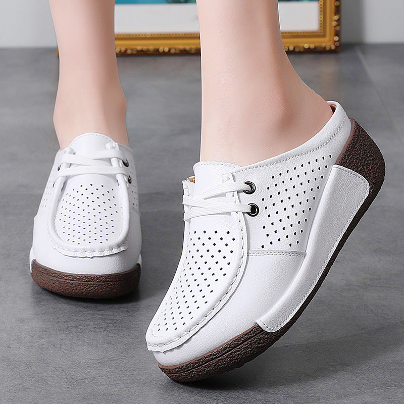 New Plus Size Hollow-out Soft Bottom Wedge Women's Genuine Leather Platform Slippers Summer Outerwear