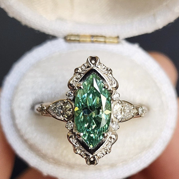 Ornament Alloy Inlaid Green Horse Eye Zircon Ring Women's Diamond Ring