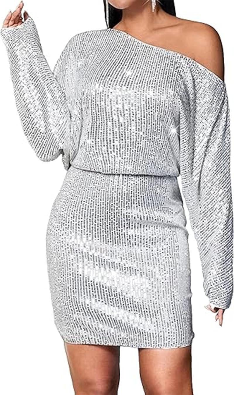 Spring Short Sleeve Loose Pullover Sequined Shirt Dress Off-shoulder Long Dress