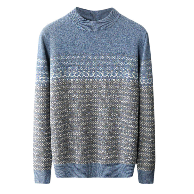 Men's Pure Wool Sweater Loose-fitting Casual Round-neck Color Matching