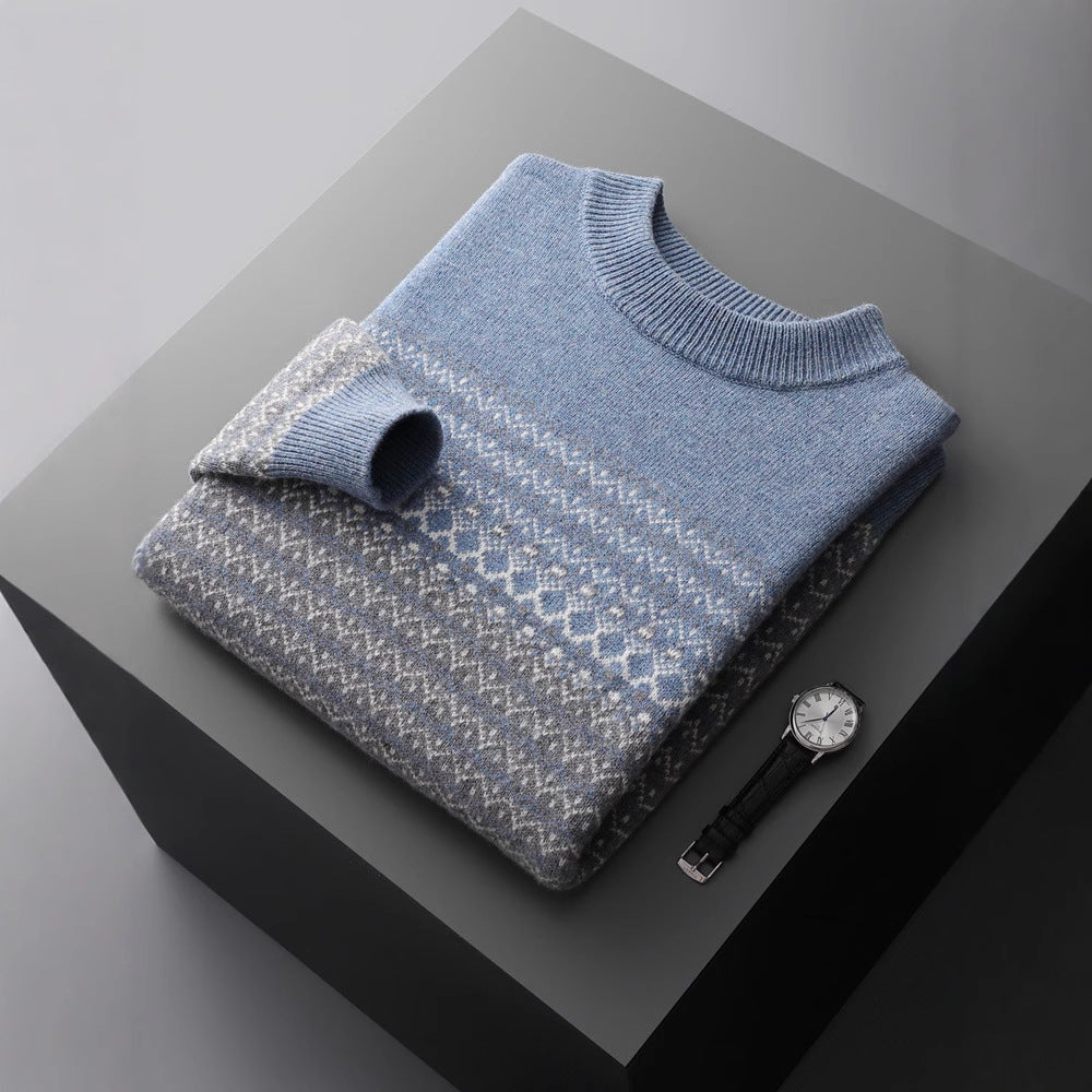 Men's Pure Wool Sweater Loose-fitting Casual Round-neck Color Matching