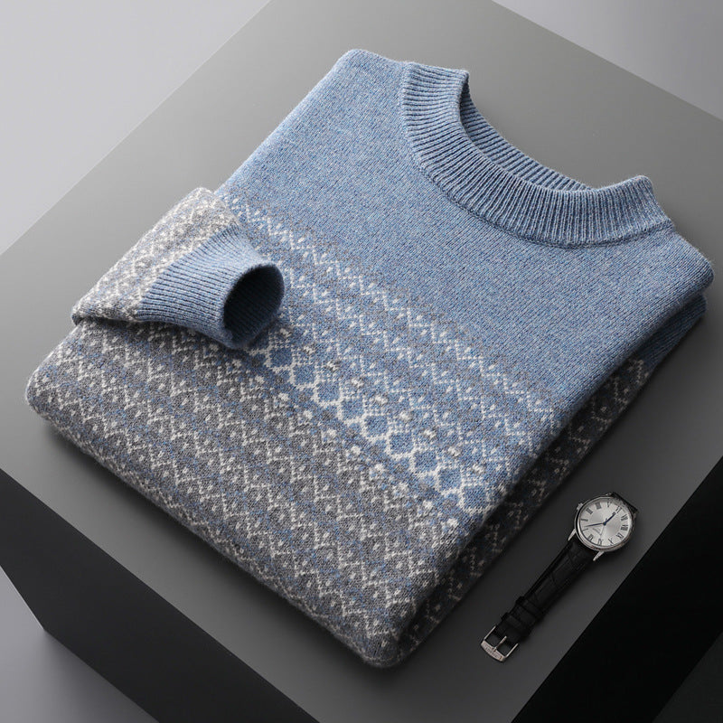 Men's Pure Wool Sweater Loose-fitting Casual Round-neck Color Matching