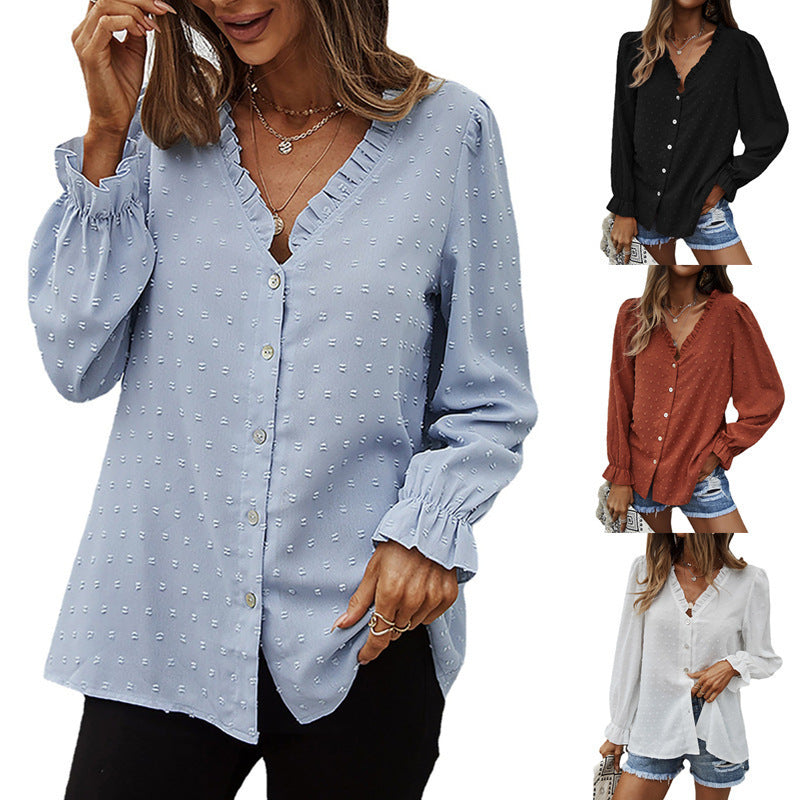 Women's Fashion Solid Color And V-neck Loose Jacquard Long Sleeve Casual Shirt Top