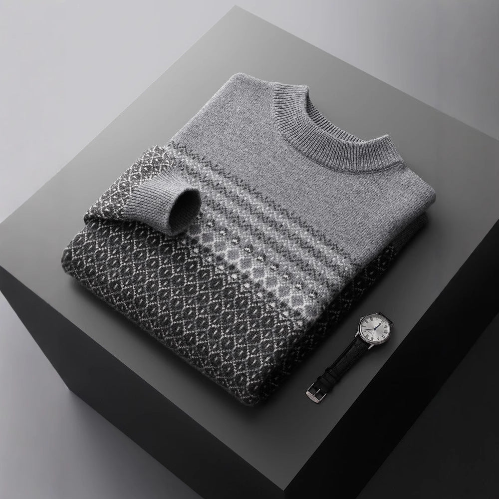 Men's Pure Wool Sweater Loose-fitting Casual Round-neck Color Matching
