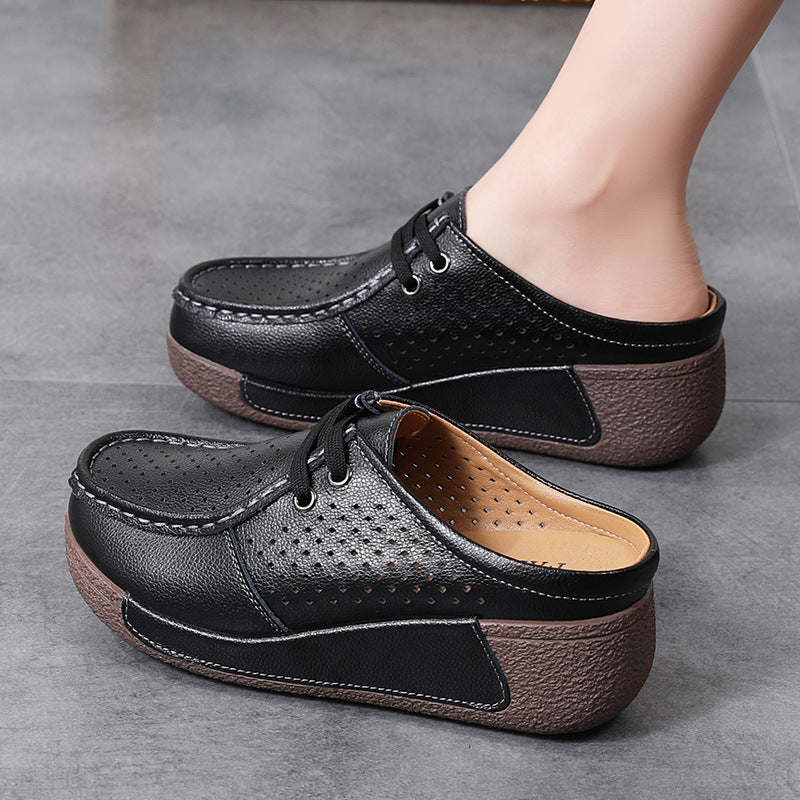 New Plus Size Hollow-out Soft Bottom Wedge Women's Genuine Leather Platform Slippers Summer Outerwear