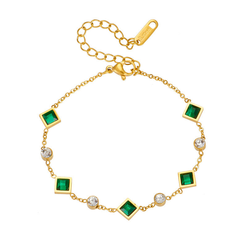 Fashion Gold-plated Titanium Steel Square Emerald Inlaid Rhinestone Bracelet
