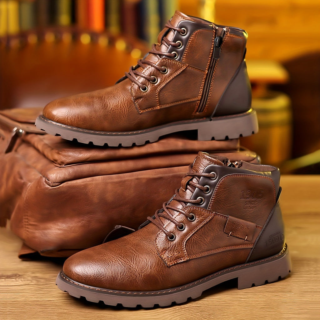 Men's Color Matching Casual Side Zipper Middle Tube Leather Boots