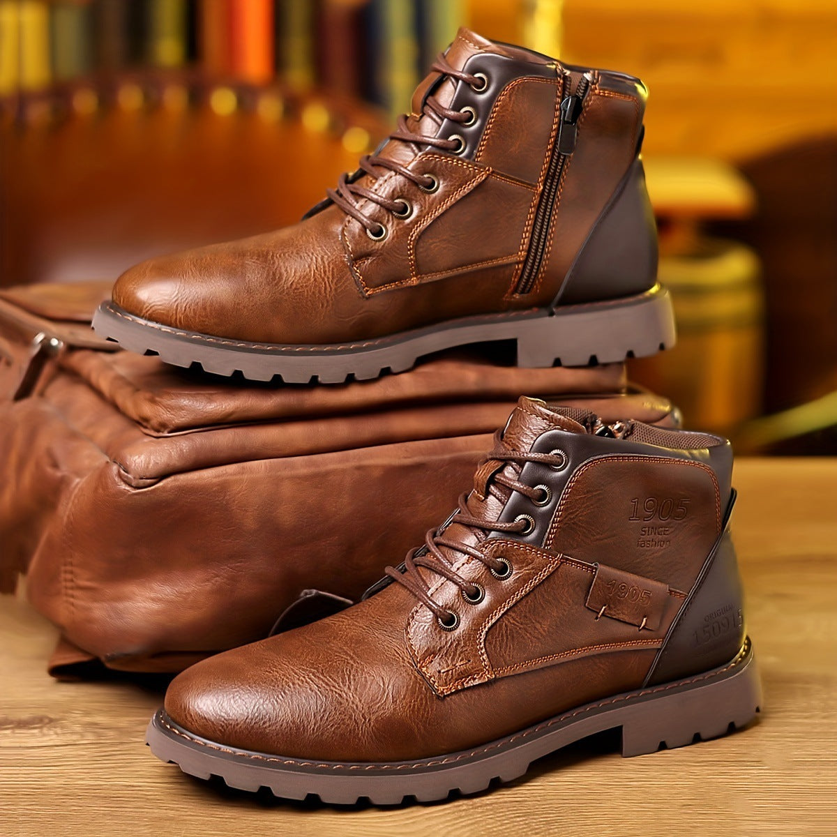Men's Color Matching Casual Side Zipper Middle Tube Leather Boots