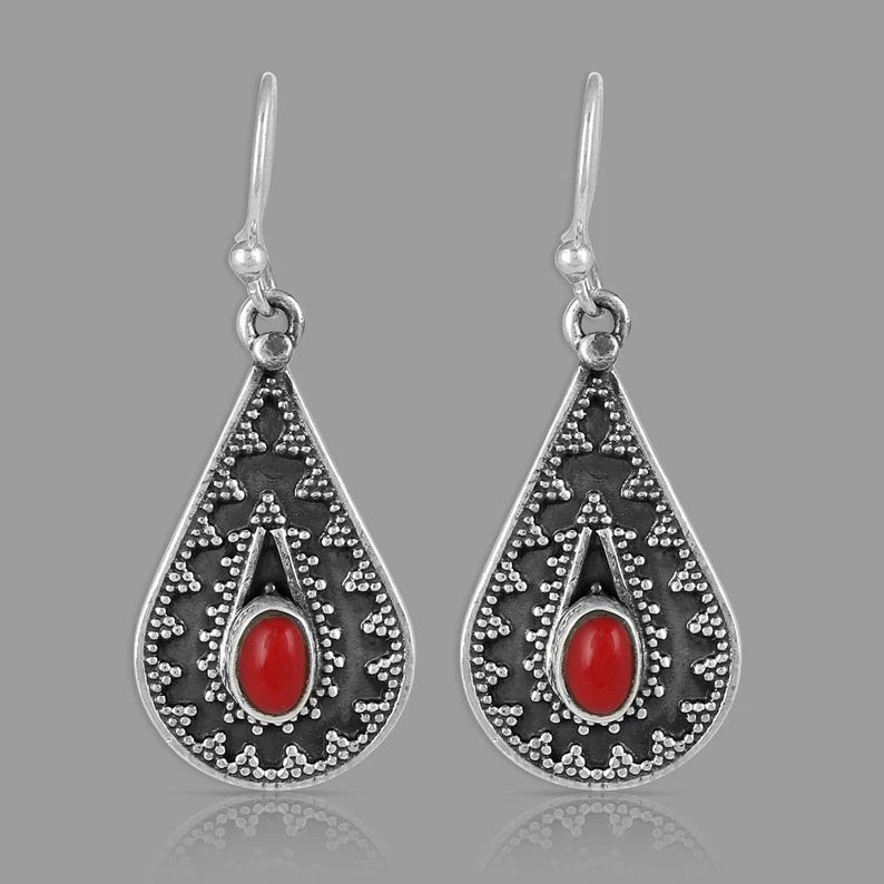 Water Drop European And American National Style Red Pine Gemstone Earrings