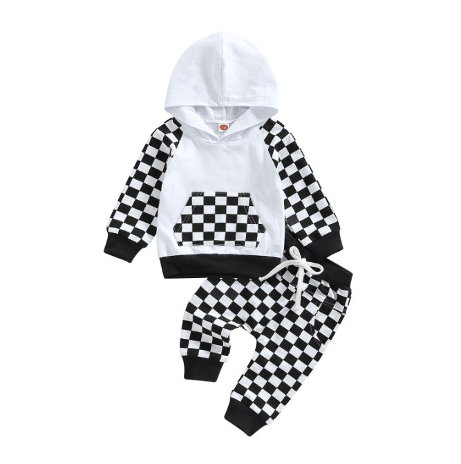 Casual Boys' Plaid Patchwork Hoodie Trousers Suit