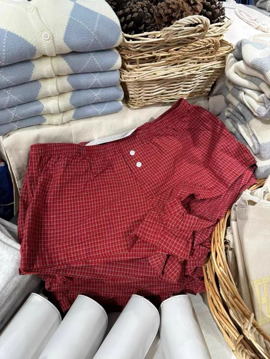 Elastic Waist Red Plaid Fastener Decoration Shorts For Women