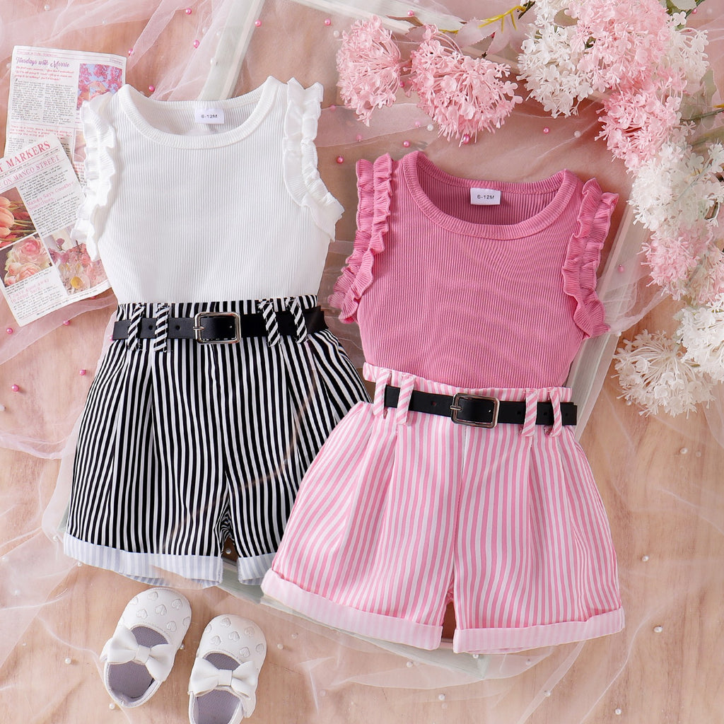 Girls' Pink Sunken Stripe Vest Shorts