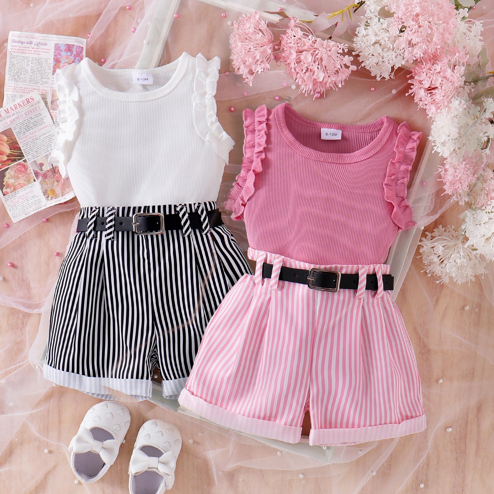 Girls' Pink Sunken Stripe Vest Shorts
