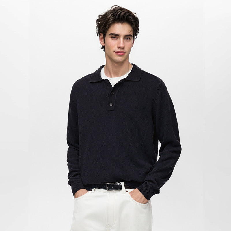 Long Sleeve Button Polo Shirt Solid Color And V-neck Business Men's Sweater