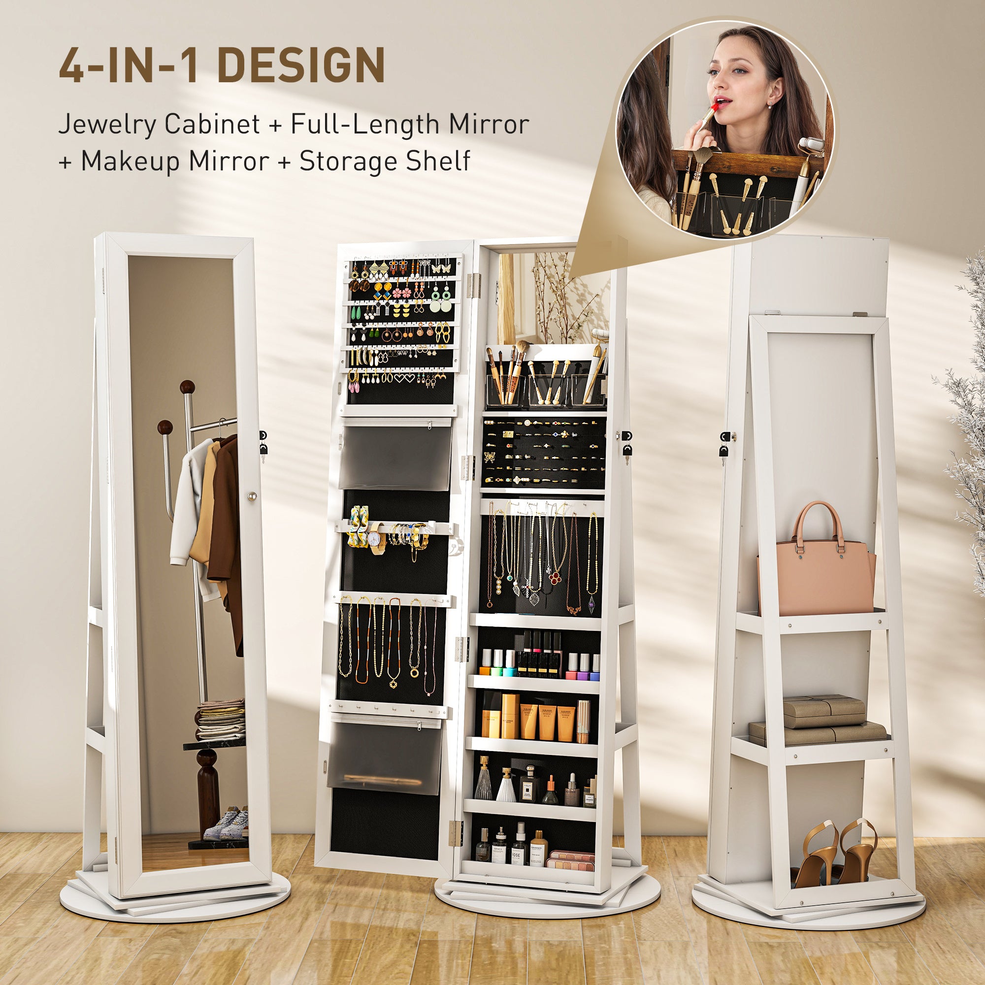 Jewelry Armoire, Lockable Jewelry Cabinet With Full-Length Mirror, Storage Shelves, White