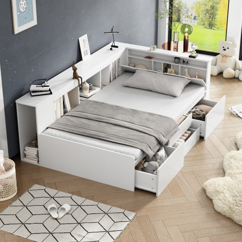 Children's Bed, Single Bed-3ft90x190cm, Single Bed, Multifunctional Children's Bed With Drawers, Bookcase And Storage Cupboard, Bed Box With Storage Space, Without Mattress, White