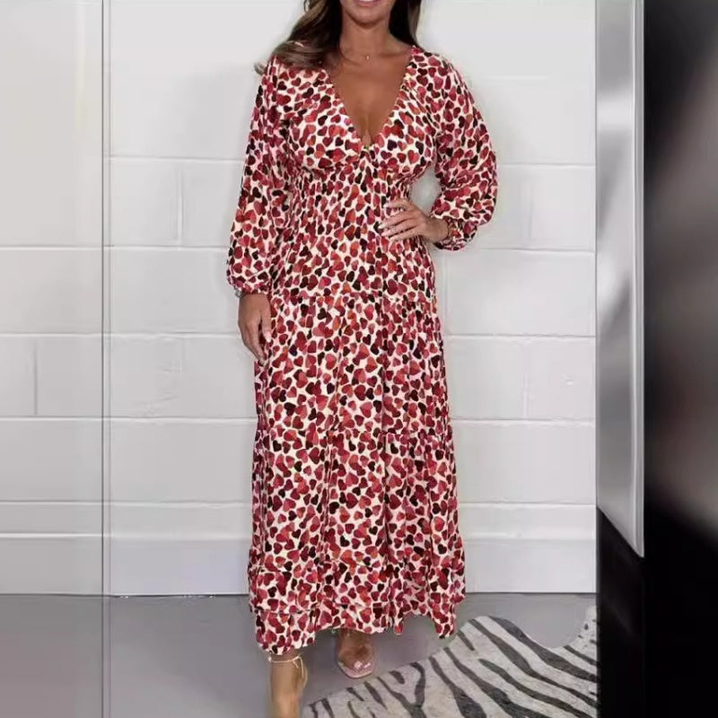 Women's Fashion High Waist V-neck Floral Dress