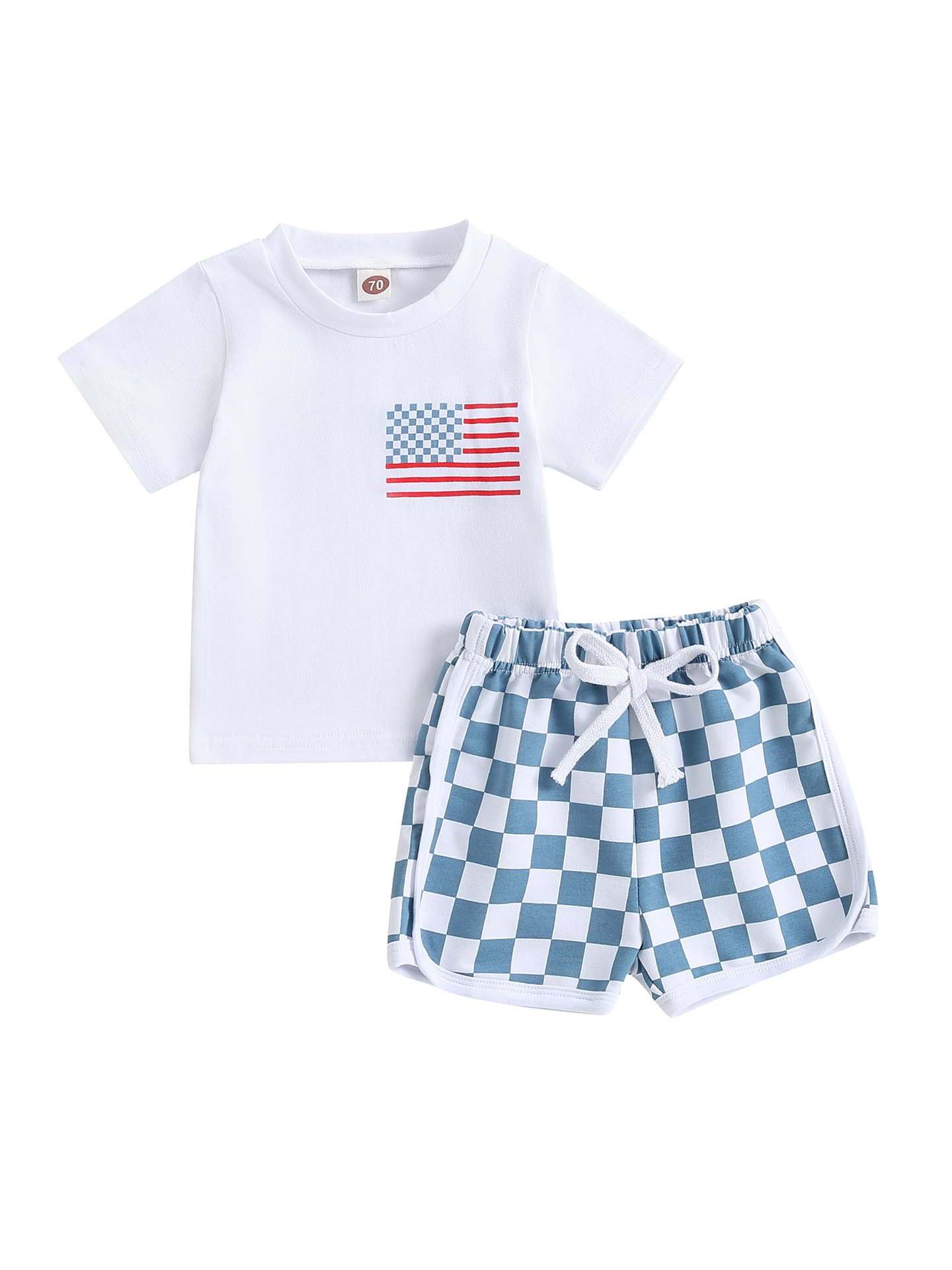 Baby Boy Shorts Short Sleeve Printed Chessboard Plaid Two-piece Set