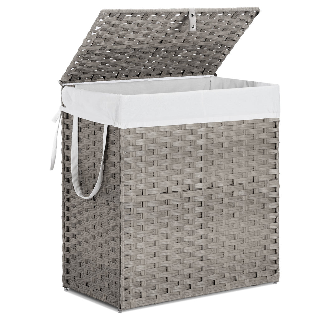 Laundry Basket With Lid, 110 L Hand-Woven Pp Rattan Laundry Basket With Compartments & Handles, Foldable, Removable Liner