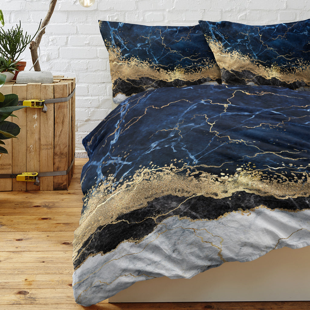 Chic Marble Bedding White Marble Gilded Navy Blue Duvet Cover Set Trendy Printed Design Bed Quilt Cover Set King 1 Duvet Cover 2 Pillowcases