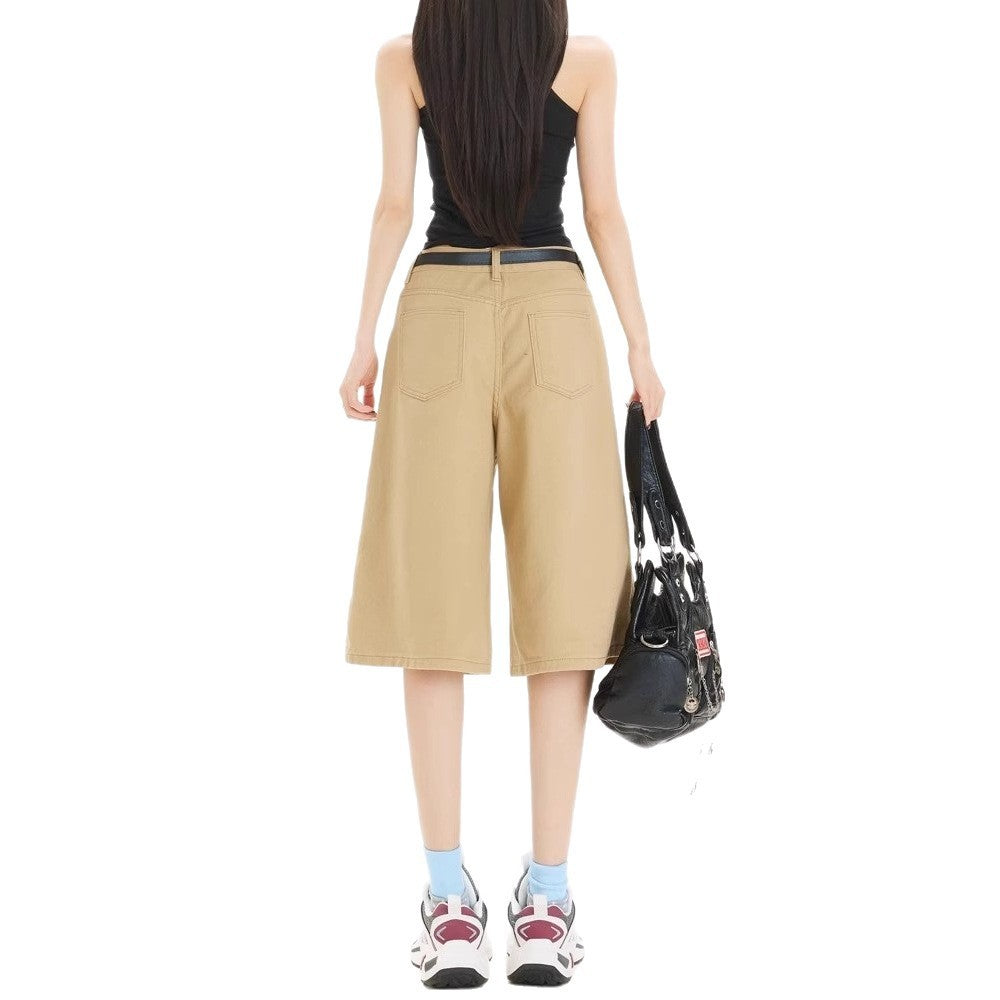 Khaki Workwear Wide Leg Cropped Denim Women's Shorts