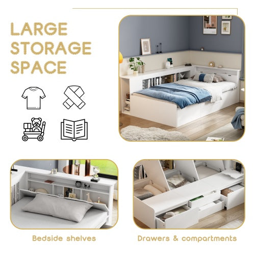 Children's Bed, Single Bed-3ft90x190cm, Single Bed, Multifunctional Children's Bed With Drawers, Bookcase And Storage Cupboard, Bed Box With Storage Space, Without Mattress, White