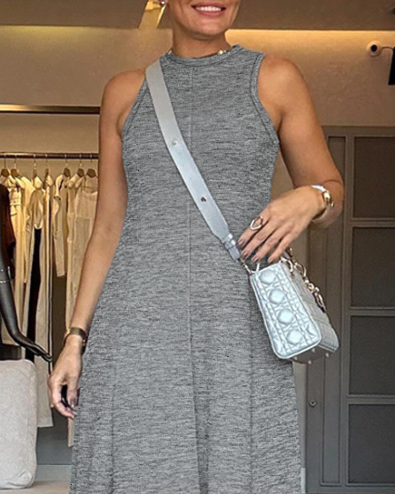 Commuter Gray Colored Cotton Sleeveless Waist A- Line Speaker Dress