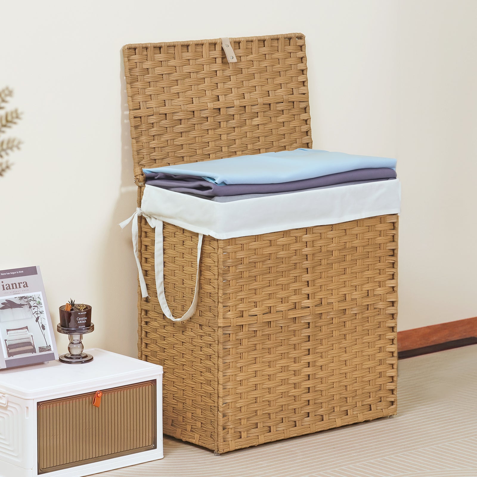 Laundry Basket With Lid, 110 L Hand-Woven Pp Rattan Laundry Basket With Compartments & Handles, Foldable, Removable Liner