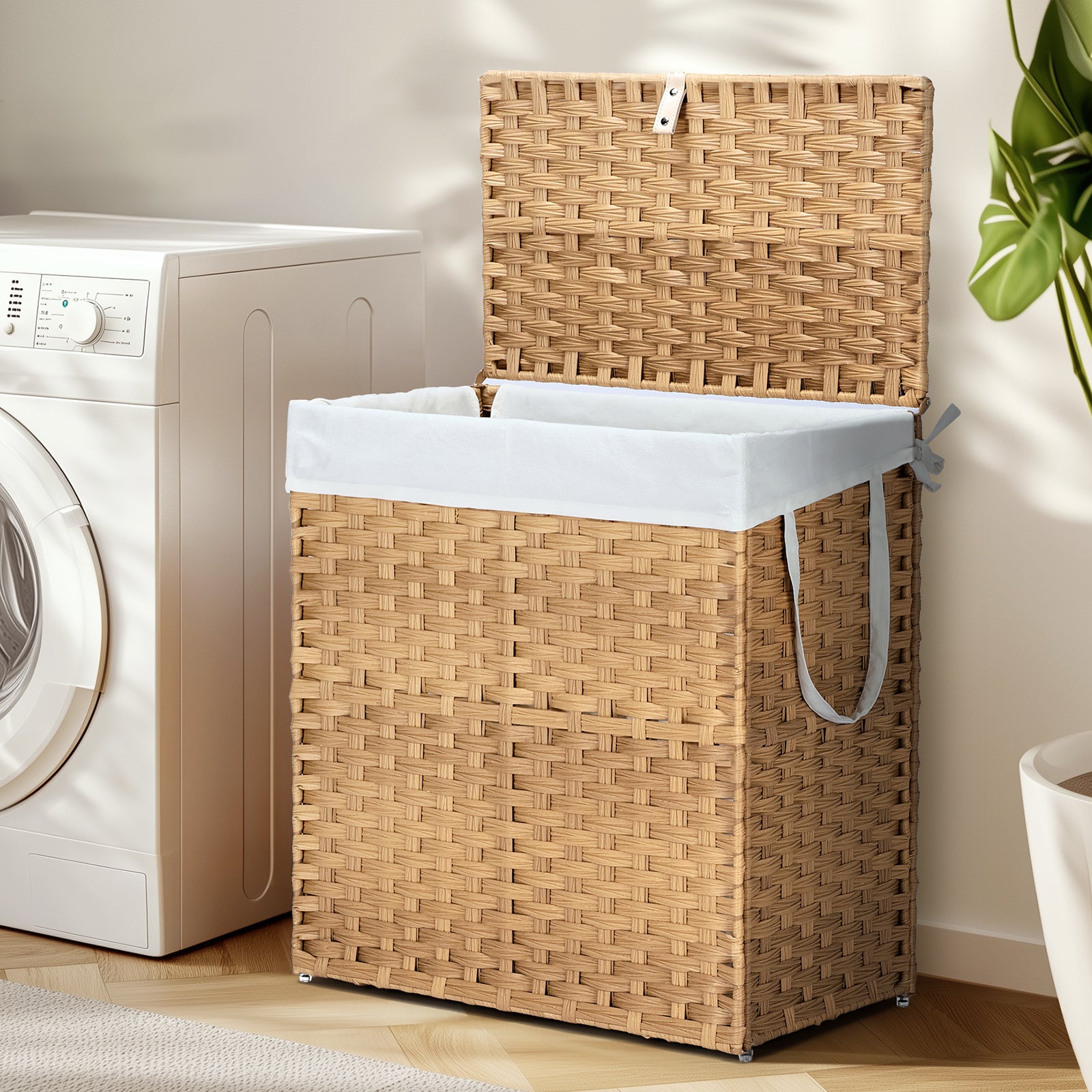 Laundry Basket With Lid, 110 L Hand-Woven Pp Rattan Laundry Basket With Compartments & Handles, Foldable, Removable Liner