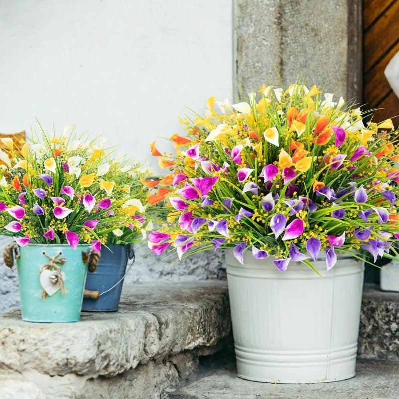 5 Bundles Artificial Calla Lilly Realistic UV Resistant Fake Flowers Faux Plastic Long Stem Plants For Indoor Planter Home Porch Yard Spring Summer Cemetery Decor