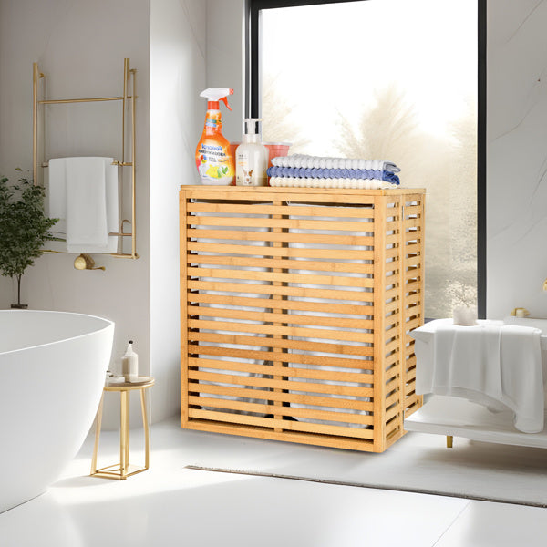 Bamboo Laundry Basket With Lid - Foldable Laundry Basket With 2 Sections Of Removable Lined Pockets For Bathroom, Bedroom And Laundry
