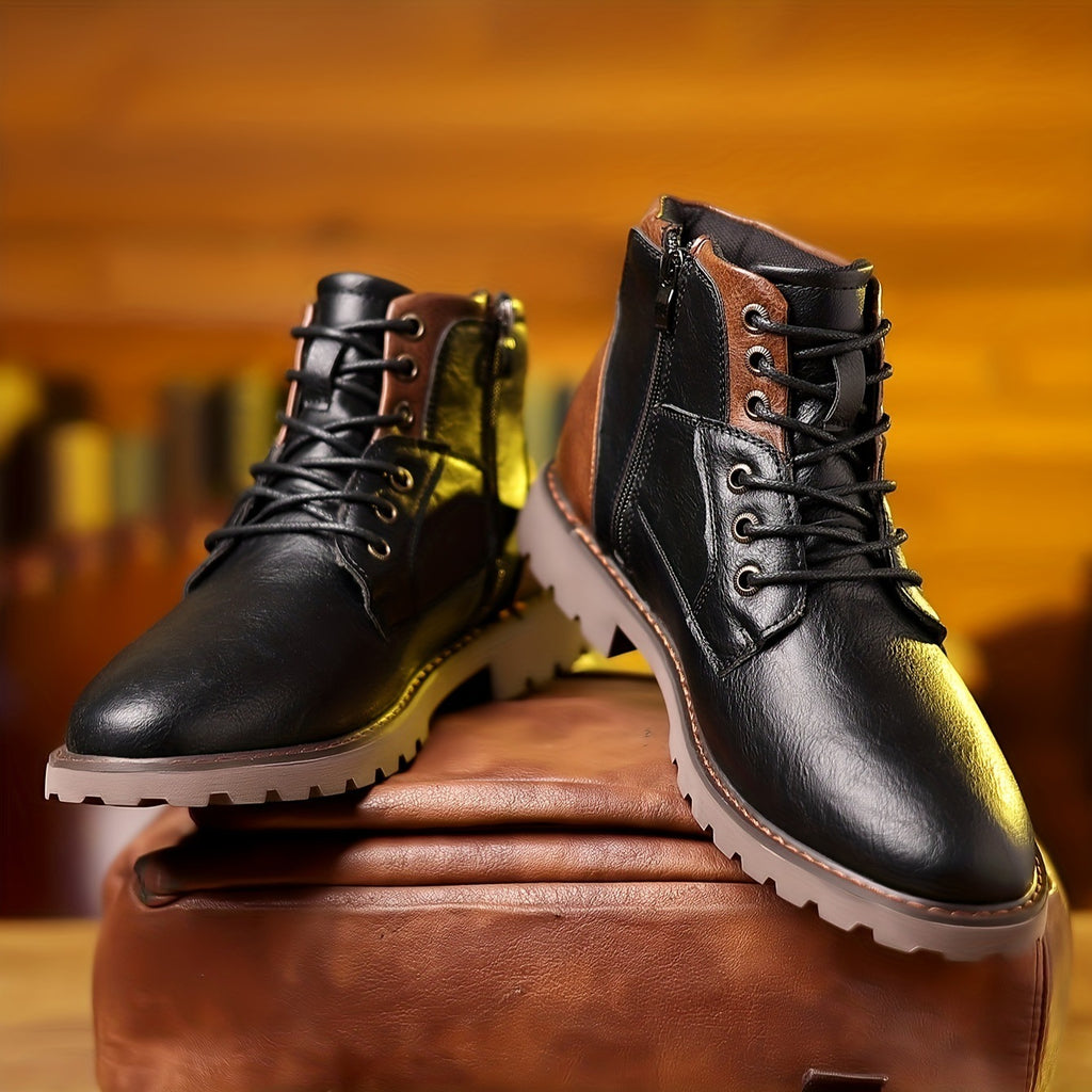 Men's Color Matching Casual Side Zipper Middle Tube Leather Boots