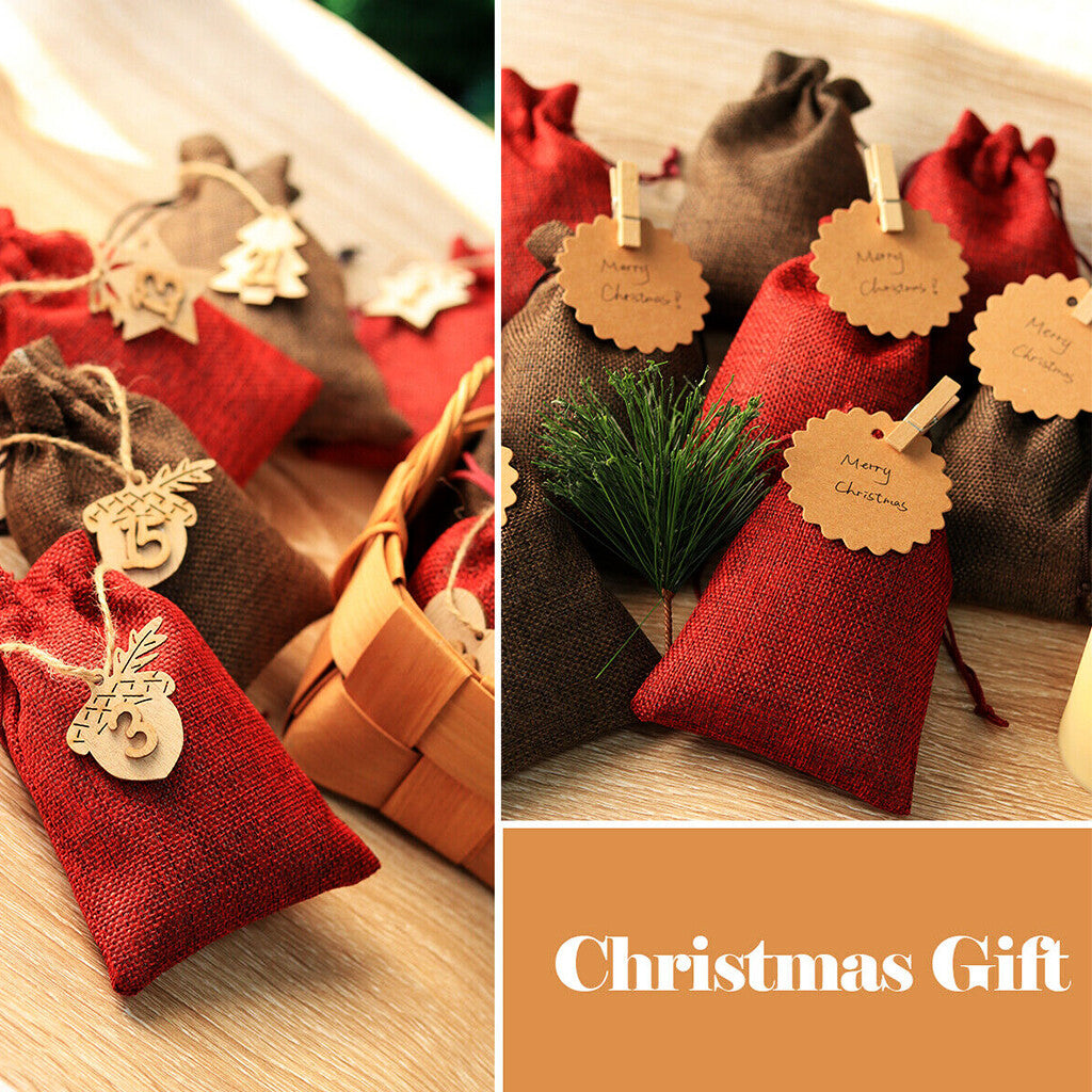 24 Pieces Christmas Advent Calendar Bags With Clips And String -Festive DIY Countdown Gift Bags For Candies, Toys And Holiday Decorations, Numbered From 1 To 24, Featuring Santa, Snowmen And Gingerbr