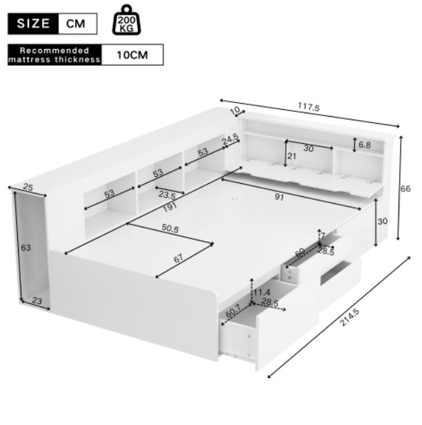 Children's Bed, Single Bed-3ft90x190cm, Single Bed, Multifunctional Children's Bed With Drawers, Bookcase And Storage Cupboard, Bed Box With Storage Space, Without Mattress, White