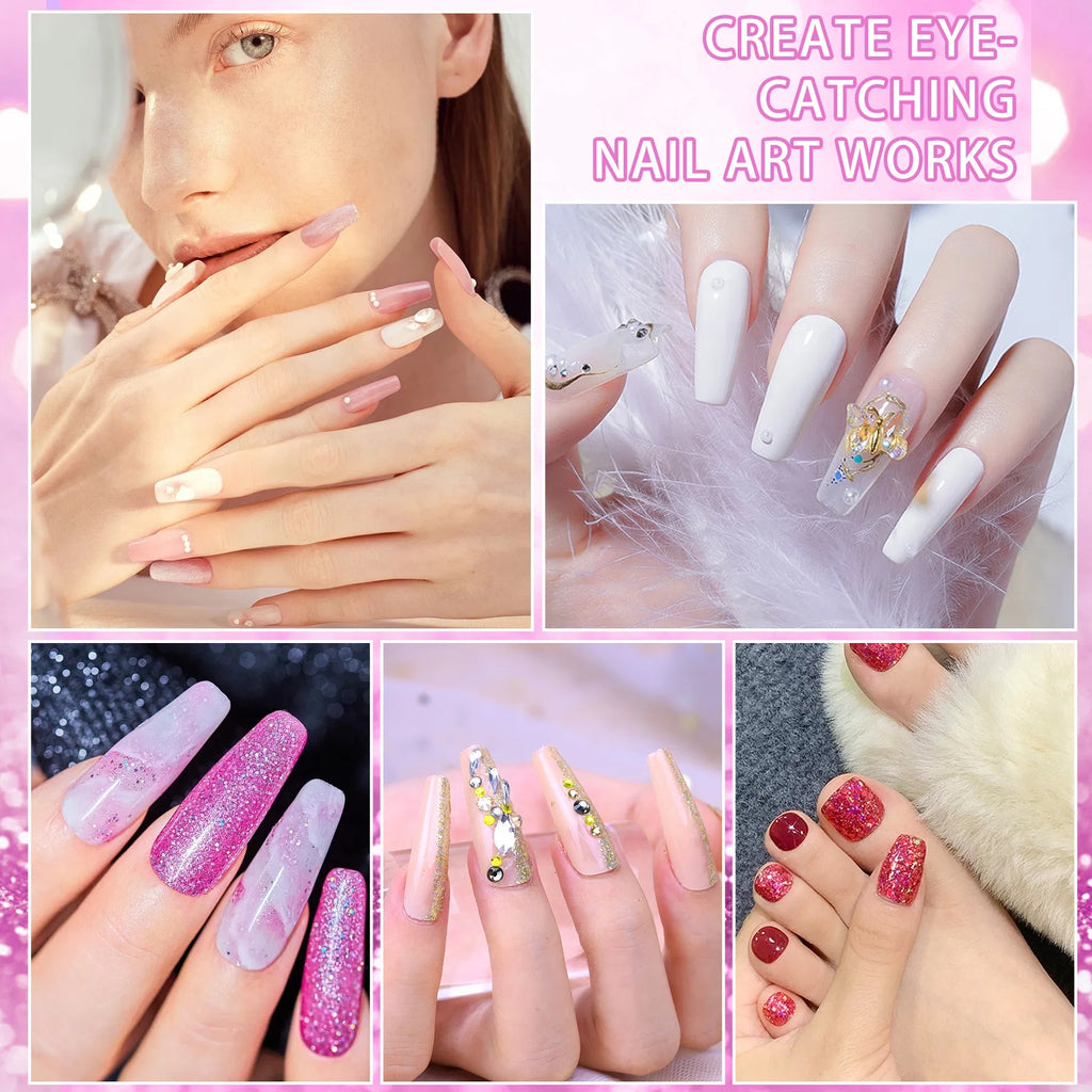 Professional Acrylic Nail Kit, With Pink Nail UV LED Lamps, Acrylic Powders, Base Top Coat, Nail Tips, Rhinestones, Nail Decorations And Nail Art Tools