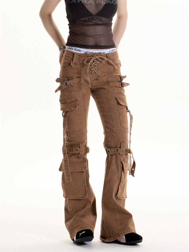 Retro Hot Girl Brown Cargo Jeans Women