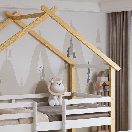 Wooden Bed, Children S Bed, 3ft Single Bed 90x190cm, MDF  Pinewood  Plywood, Safety Guardrail, Two Storage Drawers With Wheels,Roof Shape, White  Natural