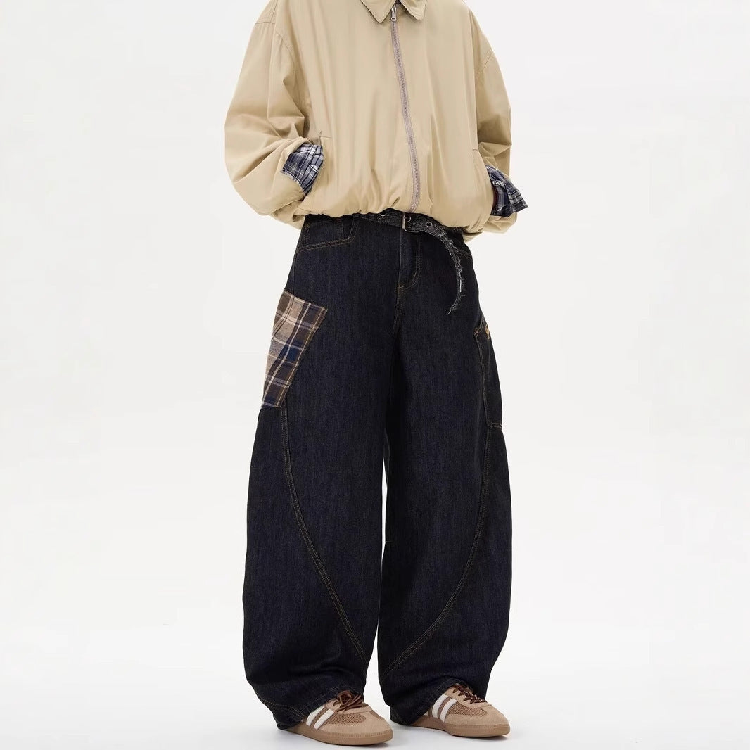 Fashion Plaid Stitching Sickle Wide-leg Jeans For Men