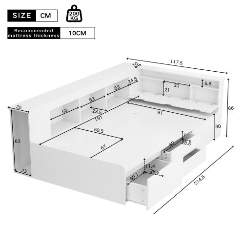 Children's Bed, Single Bed-3ft90x190cm, Single Bed, Multifunctional Children's Bed With Drawers, Bookcase And Storage Cupboard, Bed Box With Storage Space, Without Mattress, White