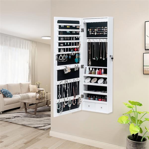 Non Full Mirror Wooden Wall Mounted 4-layer Shelf With 2 Drawers And 8 Blue LED Lights For Jewelry Storage, White Mirror Cabinet