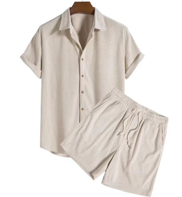 Beachwear Corduroy Short Sleeve Suit Two-piece Set