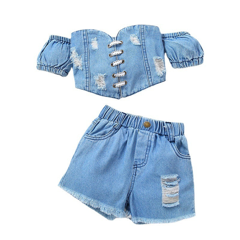 Girls' Denim Ripped Top Shorts Suit